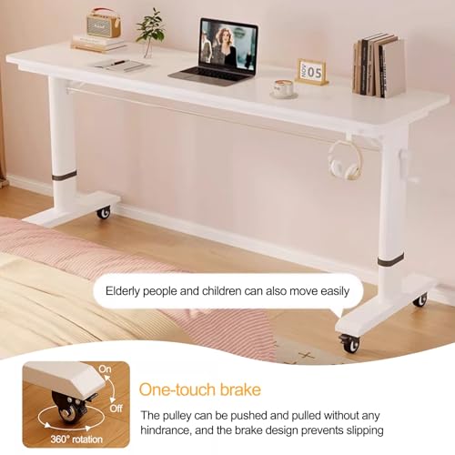 Adjustable Height Laptop Desk Mobile Standing Desk with Wheels Overbed Table for Bed or Nightstand Wooden Top (47.2x15.7in) - Perfect for Home Office and Study