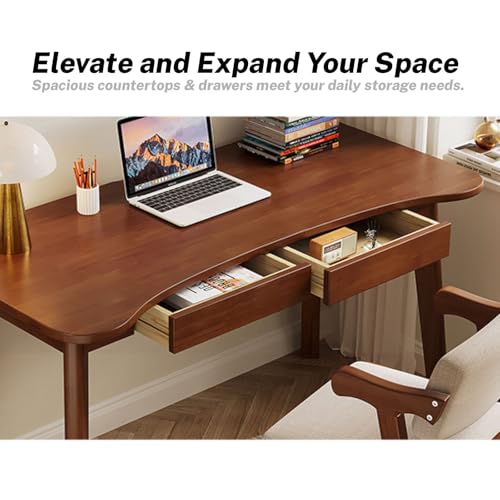 Generisch Solid Oak Desk - Modern Home Office Desk with Drawers, Curved Top Design, Compact Work Table for Bedroom, Natural Finish, Perfect for Small Spaces