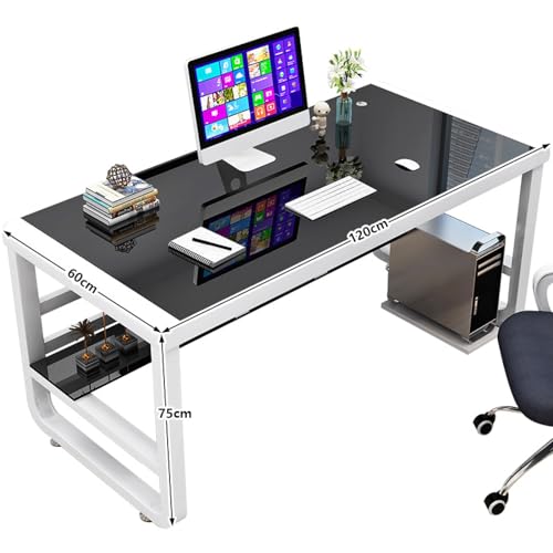 Bücherregal,Bücherregal klein,Modern Black Tempered Glass Computer Desk with Storage Shelves Bookshelf and Gaming Desk 120x60x75cm Ideal for Study and Work Stylish and Fu