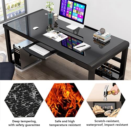 Bücherregal,Bücherregal klein,Modern Black Tempered Glass Computer Desk with Storage Shelves Bookshelf and Gaming Desk 120x60x75cm Ideal for Study and Work Stylish and Fu