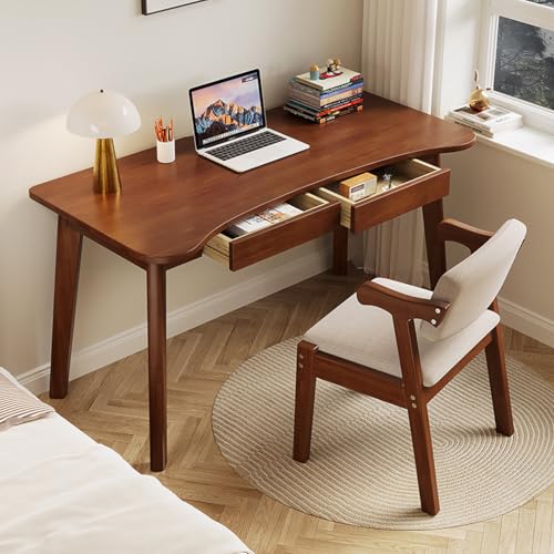 Generisch Solid Oak Desk - Modern Home Office Desk with Drawers, Curved Top Design, Compact Work Table for Bedroom, Natural Finish, Perfect for Small Spaces