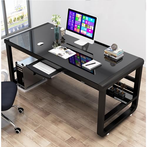 Bücherregal,Bücherregal klein,Modern Black Tempered Glass Computer Desk with Storage Shelves Bookshelf and Gaming Desk 120x60x75cm Ideal for Study and Work Stylish and Fu