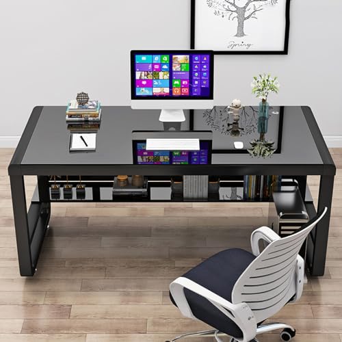 Bücherregal,Bücherregal klein,Modern Black Tempered Glass Computer Desk with Storage Shelves Bookshelf and Gaming Desk 120x60x75cm Ideal for Study and Work Stylish and Fu