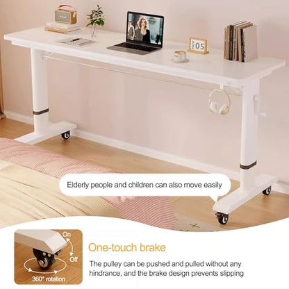 Adjustable Height Laptop Desk Mobile Standing Desk with Wheels Overbed Table for Bed or Nightstand Wooden Top (47.2x15.7in) - Perfect for Home Office and Study