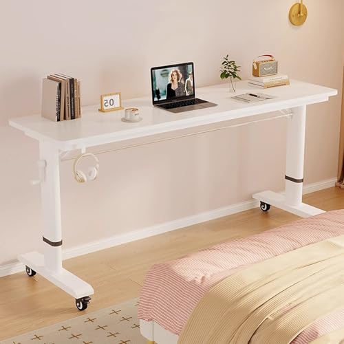 Adjustable Height Laptop Desk Mobile Standing Desk with Wheels Overbed Table for Bed or Nightstand Wooden Top (47.2x15.7in) - Perfect for Home Office and Study