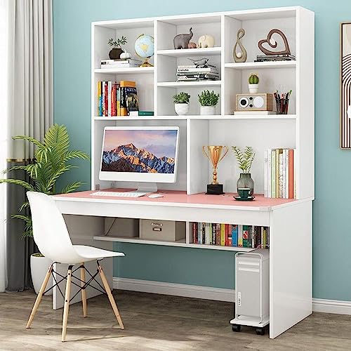 Bücherregal，Bücherregal klein，Pink Computer Desk with Bookshelf for Small Spaces Wooden Study Desk with Hutch for Teens and Students Home Office Work Table (47 Inch)