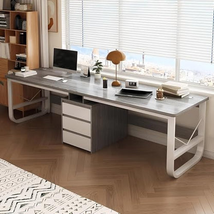 Large Double Desk for 2 People with Drawers Gaming Computer Desk Long Wooden Study Table for Home Office Grey 94.48 Inches Perfect for Collaborative Work