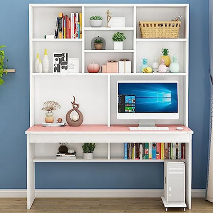 Bücherregal，Bücherregal klein，Pink Computer Desk with Bookshelf for Small Spaces Wooden Study Desk with Hutch for Teens and Students Home Office Work Table (47 Inch)