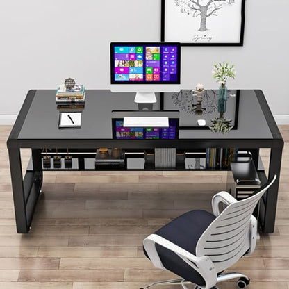 Bücherregal，Bücherregal klein，Modern Black Tempered Glass Computer Desk with Storage Shelves Bookshelf and Gaming Desk 120x60x75cm Ideal for Study and Work Stylish and Fu