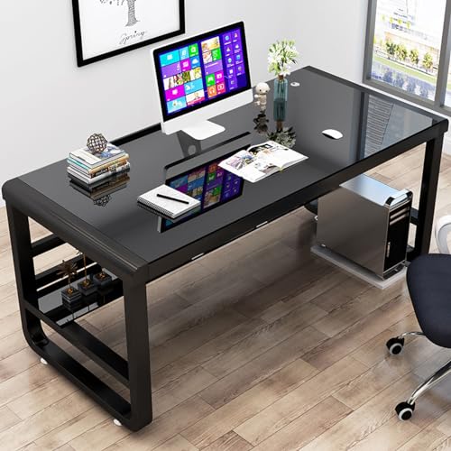 Bücherregal，Bücherregal klein，Modern Black Tempered Glass Computer Desk with Storage Shelves Bookshelf and Gaming Desk 120x60x75cm Ideal for Study and Work Stylish and Fu